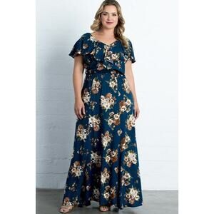 Kiyonna Dress Willow Crepe Style Blue Floral 2X Maxi Slit Spring Romantic Boho